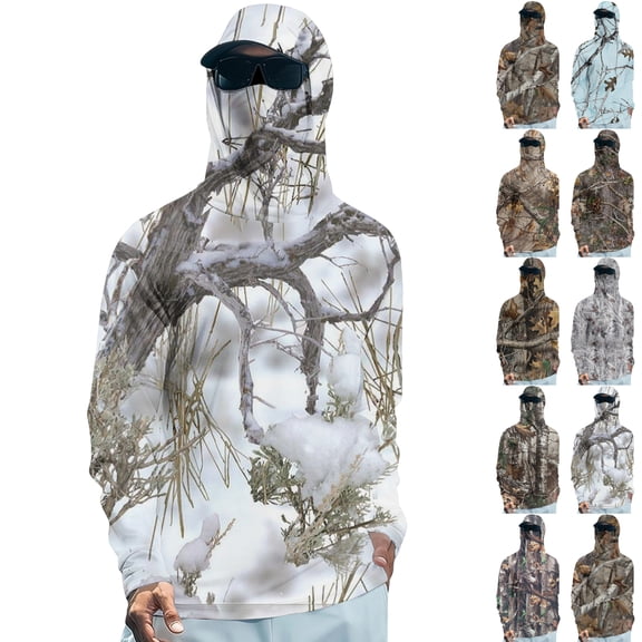 Men's UV Sun Protection Hooded Camo Shirts Long Sleeve Quick-Dry Outdoor T-Shirt UPF 50 Rash Guards Cooling Hoodies S Gray