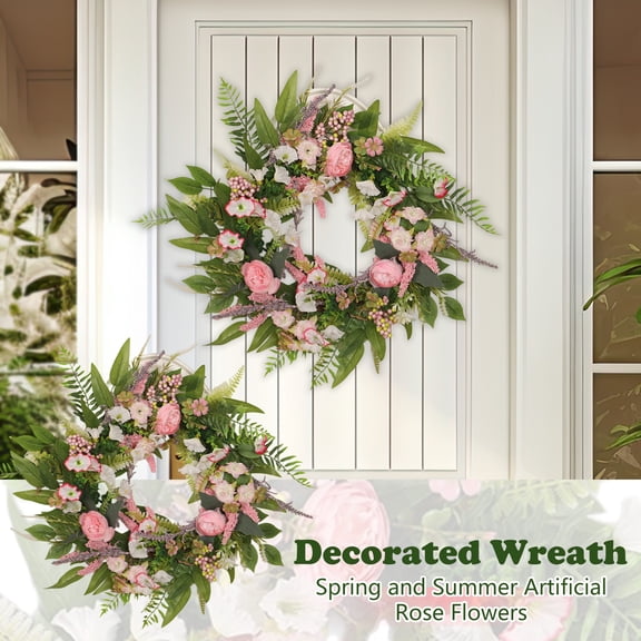 22" Rose Wreath, Pink Floral Spring Summer Wreaths for Front Door Large Handmade Flower Wreath for All Season Wedding Mothers Day Wall Window Home Decor Outdoor Indoor