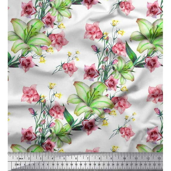 Soimoi Cotton Duck Fabric Leaves & Lily Flower Print Fabric by The Yard 42 Inch Wide