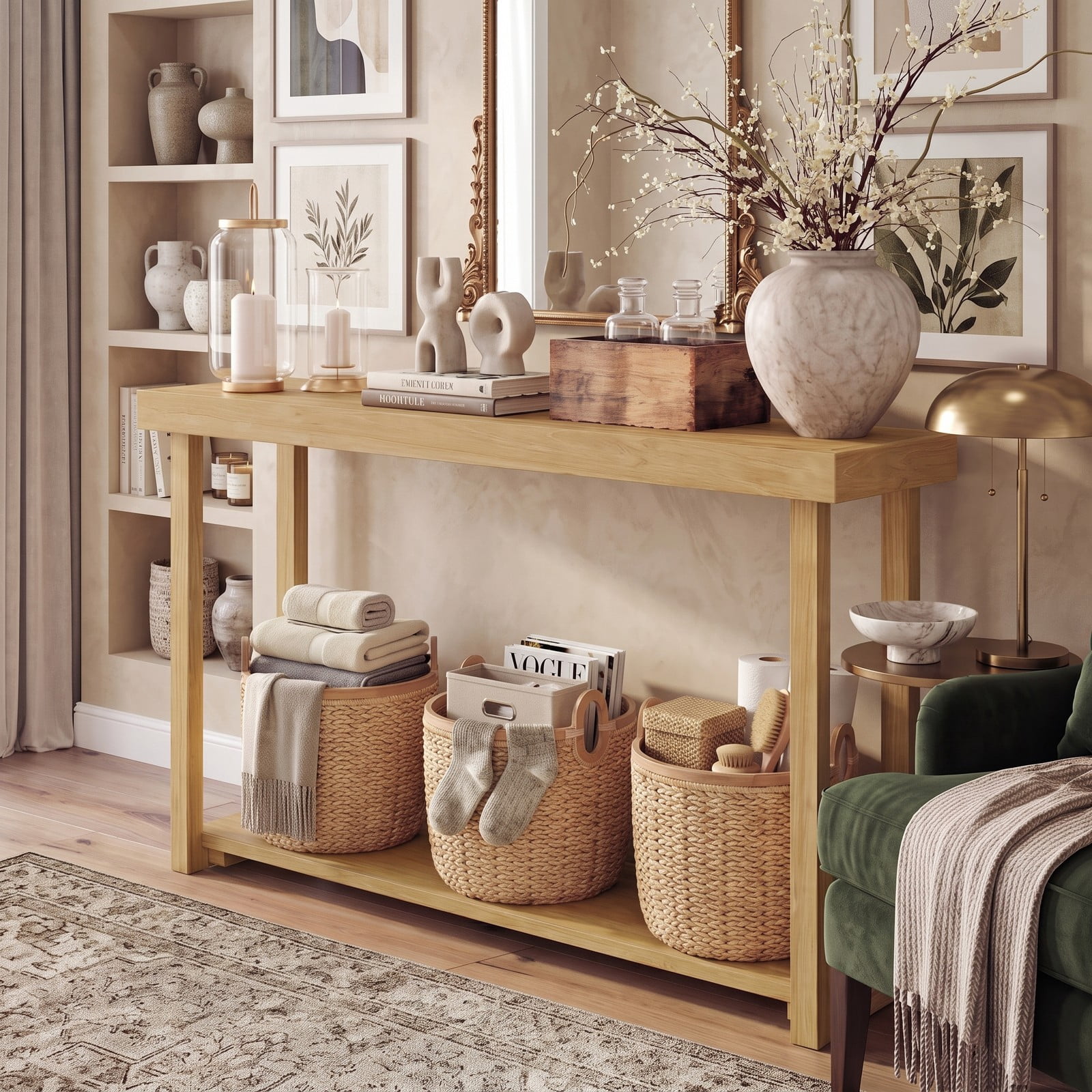 Furnibear 46 Inch Solid Wood Console Table 2-Tier Narrow Farmhouse Sofa Table with Storage Shelf for Living Room, Natural