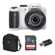 PIXPRO Astro Zoom AZ255 16MP Full HD Digital Camera, White, Bundle with Shoulder Bag and 32GB Memory Card + Card Reader