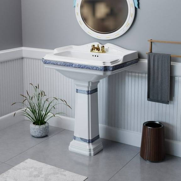 India Reserve Bathroom Pedestal Sink Blue and Gold Accent Porcelain Washbasin w/Overflow & Centerset Faucet Holes| Renovators Supply