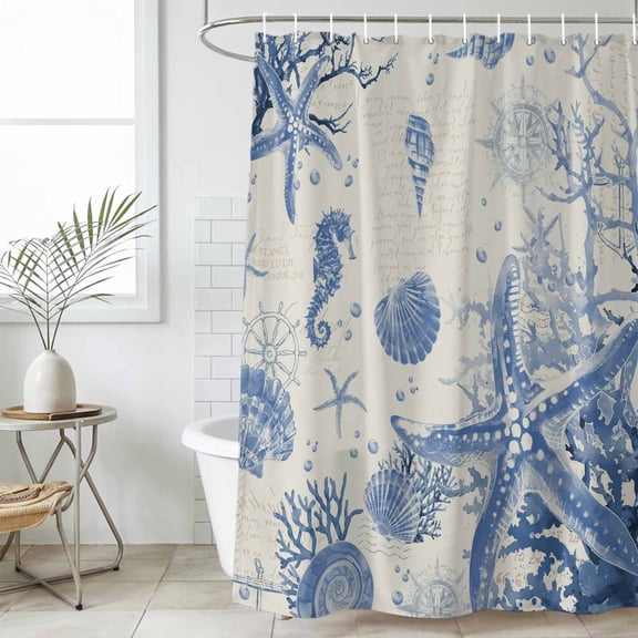 Blue Coastal Starfish Waterproof Fabric Shower Curtain,Beach Ocean Nautical Shells Conch Waterproof Fabric Shower Curtain for Bathroom Curtains Bathtubs Shower Curtains with 12 Hooks Standard 72x72