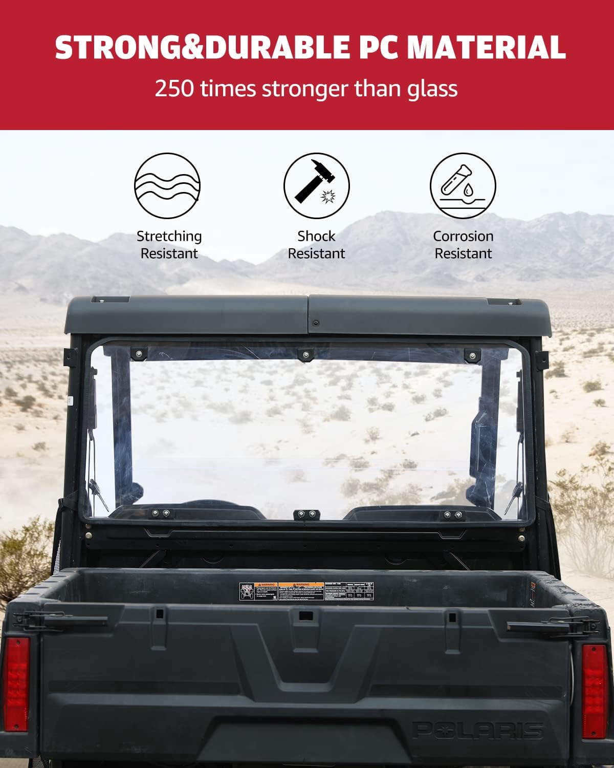 A & UTV PRO Rear Windshield for 2015-2023 Polaris Ranger Midsize 570 500 Crew / 2022-2023 SP 570 Accessories Back Window