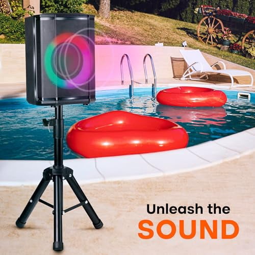 Pyle Portable Bluetooth Speaker with 8" Inch Woofer, TWS Function, Mic Input, USB/Micro SD/FM Radio, Colorful Ring Lights, 120W Rechargeable Battery, Tripod Stand, Hi-Fi Sound, Indoor/Outdoor Use