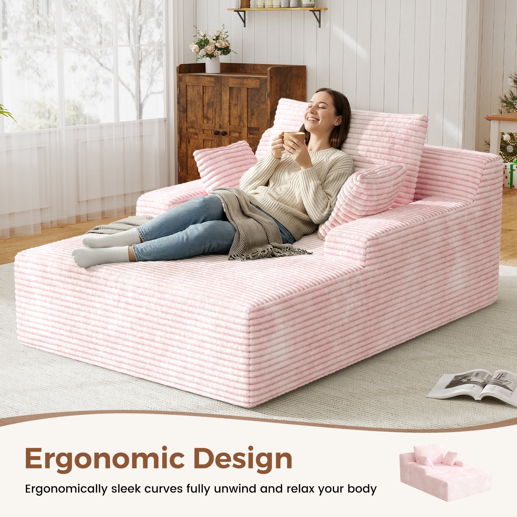 Daluvenix 51 Inch Chaise Lounge Chair Indoor Oversized Corduroy Upholstered Boneless Sofa Bed Deep Seat Sleeper Couch Reading Chairs Cloud Sofas Couches for Living Room