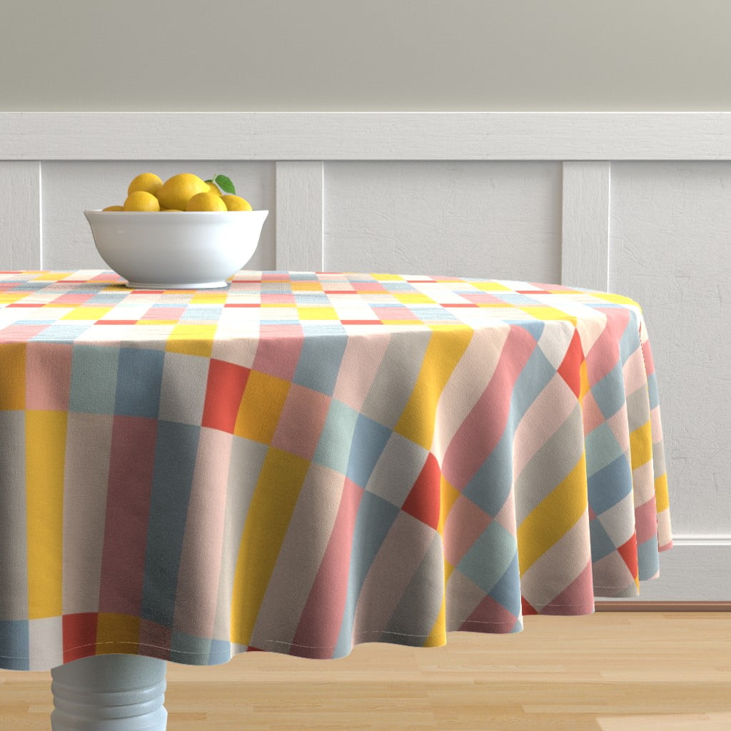 Round Tablecloth Retro Geometric Pastel Colored Squares Vintage Cotton