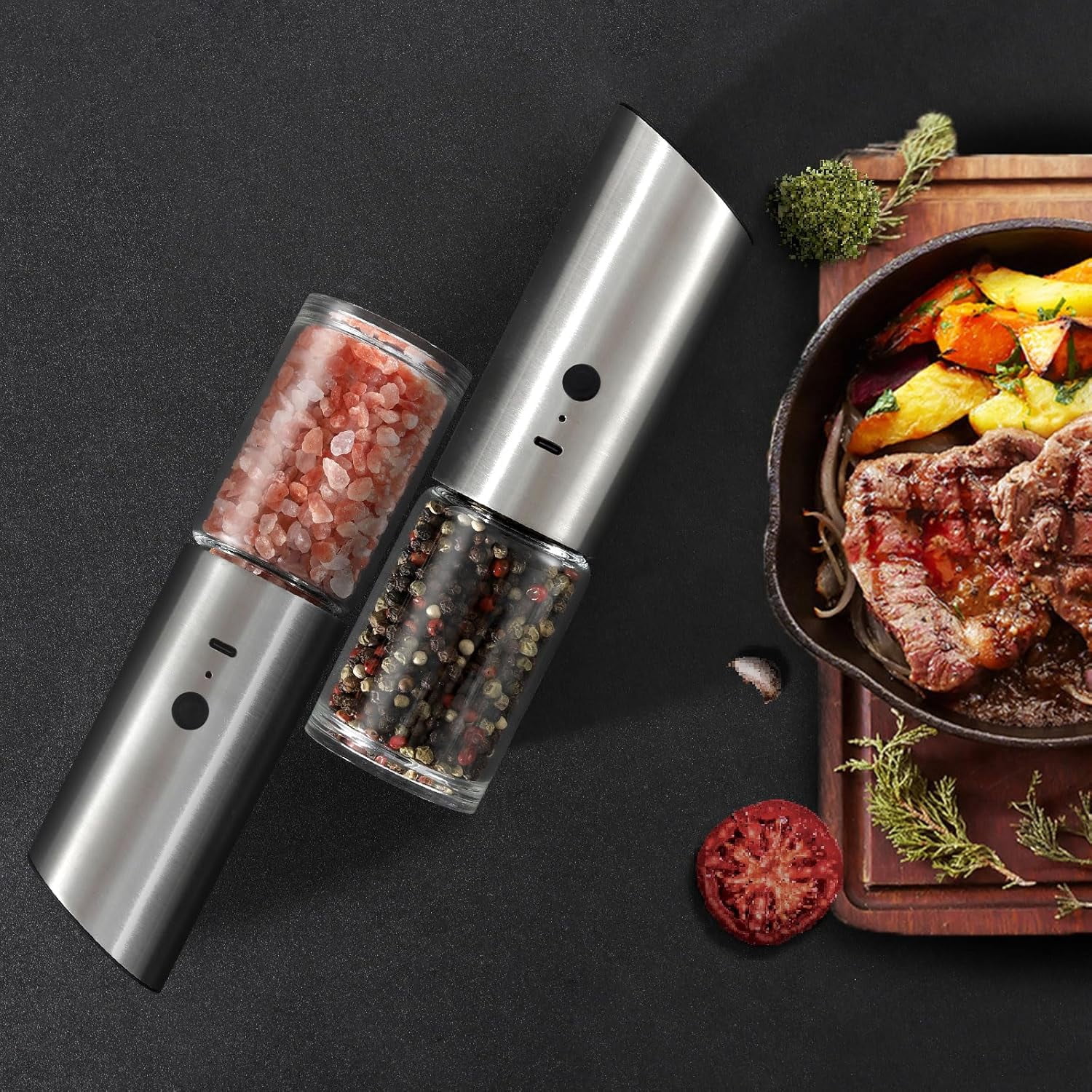 Electric Salt and Pepper Grinder Set Rechargeable with LED Light Automatic Stainless Steel Spice Mill Adjustable Coarseness