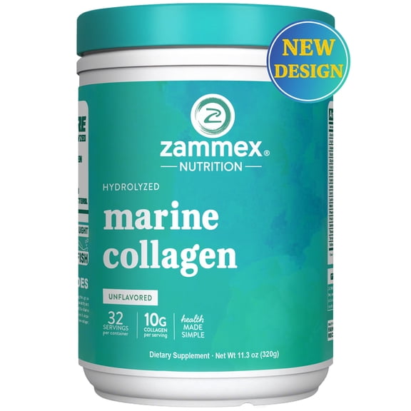 Zammex Marine Collagen Powder, Wild Caught, 11.3oz, Hydrolyzed Peptides for Skin, Hair, Nails & Joints, Unflavored Supplement