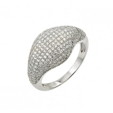 Sterling Silver Pave Dome - Mirco Pave Clear Cubic Zirconia Fashion Dome Ring Rhodium Plated Sterling Silver Size 5