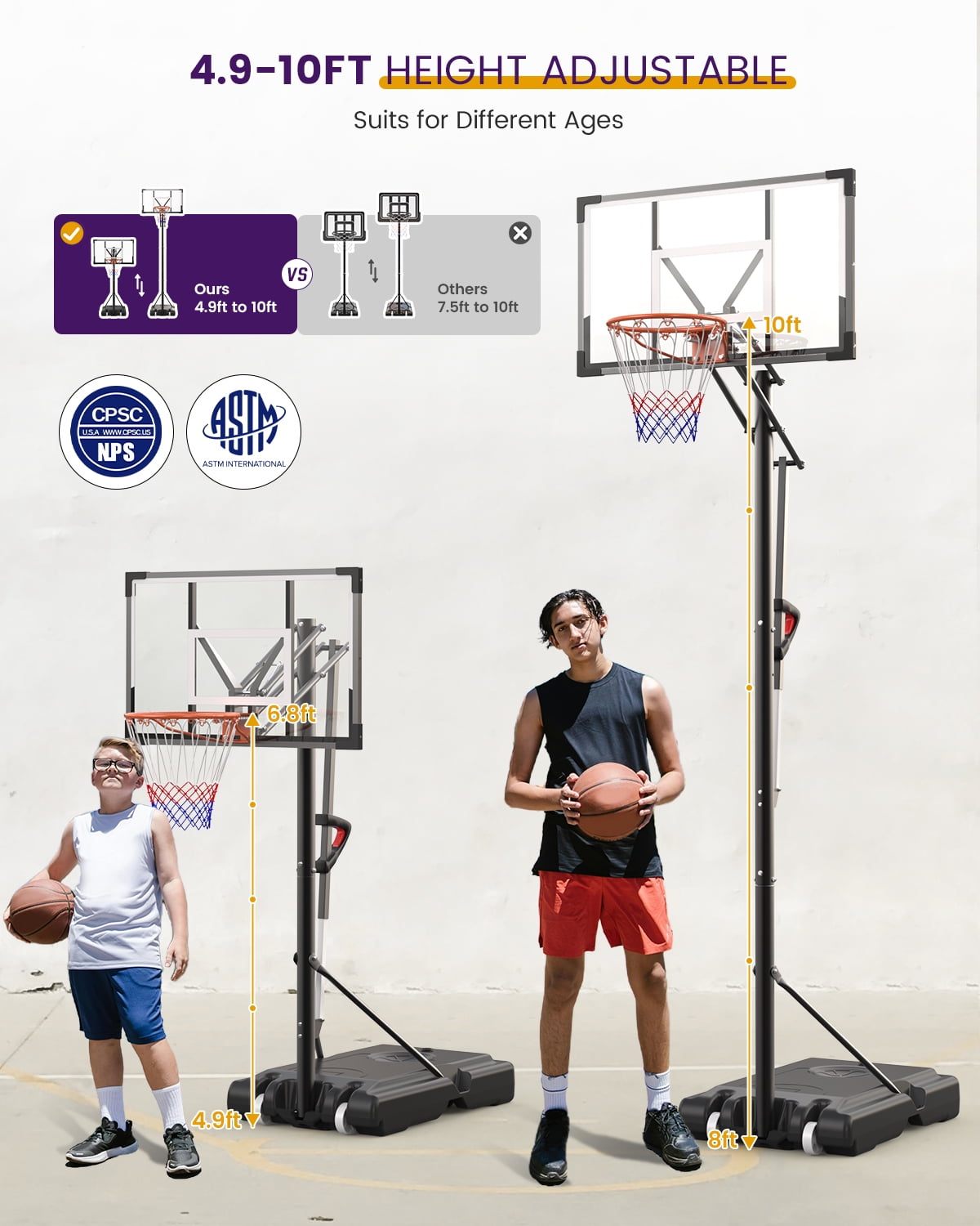 FirstAsk 44" Portable Basketball Hoop & Stand with Adjustable Height (4.9-10 ft) for Kids, Teens & Adults