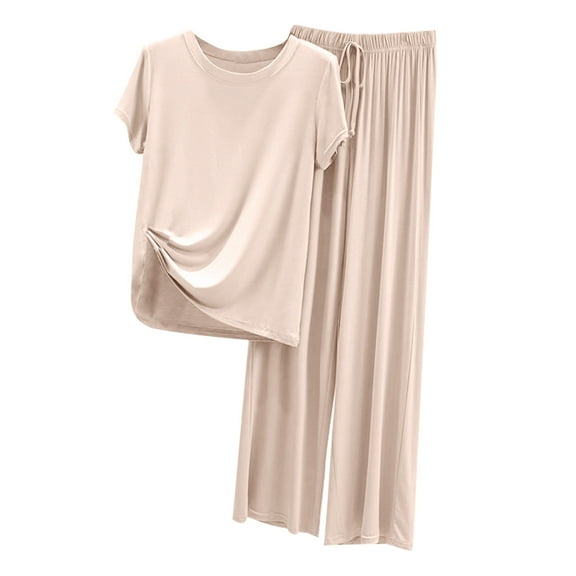 JGGSPWM Women's 2 Piece Outfits Summer Casual Short Sleeve Top and Drawstring Wide Leg Pants Cotton 2 Pieces Sets Beige M