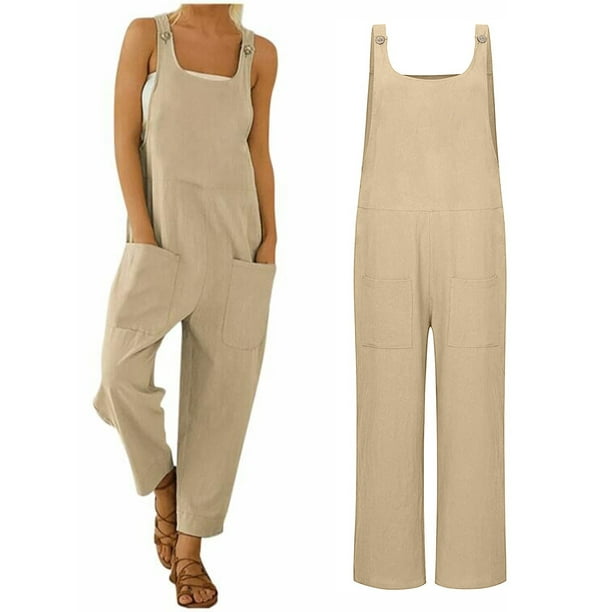 TRKIYQC Mono suelto para mujer con bolsillos, pantalones rectos sin mangas con cuello en forma de U de pierna ancha TRKIYQC moda