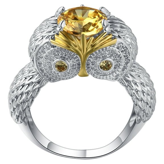 Owl Statement Ring Yellow White Gold Pl Cz Teacher Women Ginger Lyne Collection