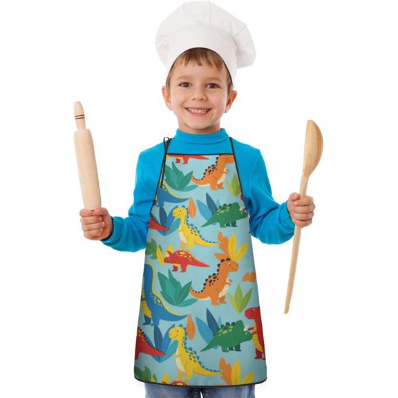Colorful Dinosaur Pattern with Leaves Kids Aprons for Girls and Boys,Adjustable Neck Strap Toddler Aprons for Kids Cooking Baking