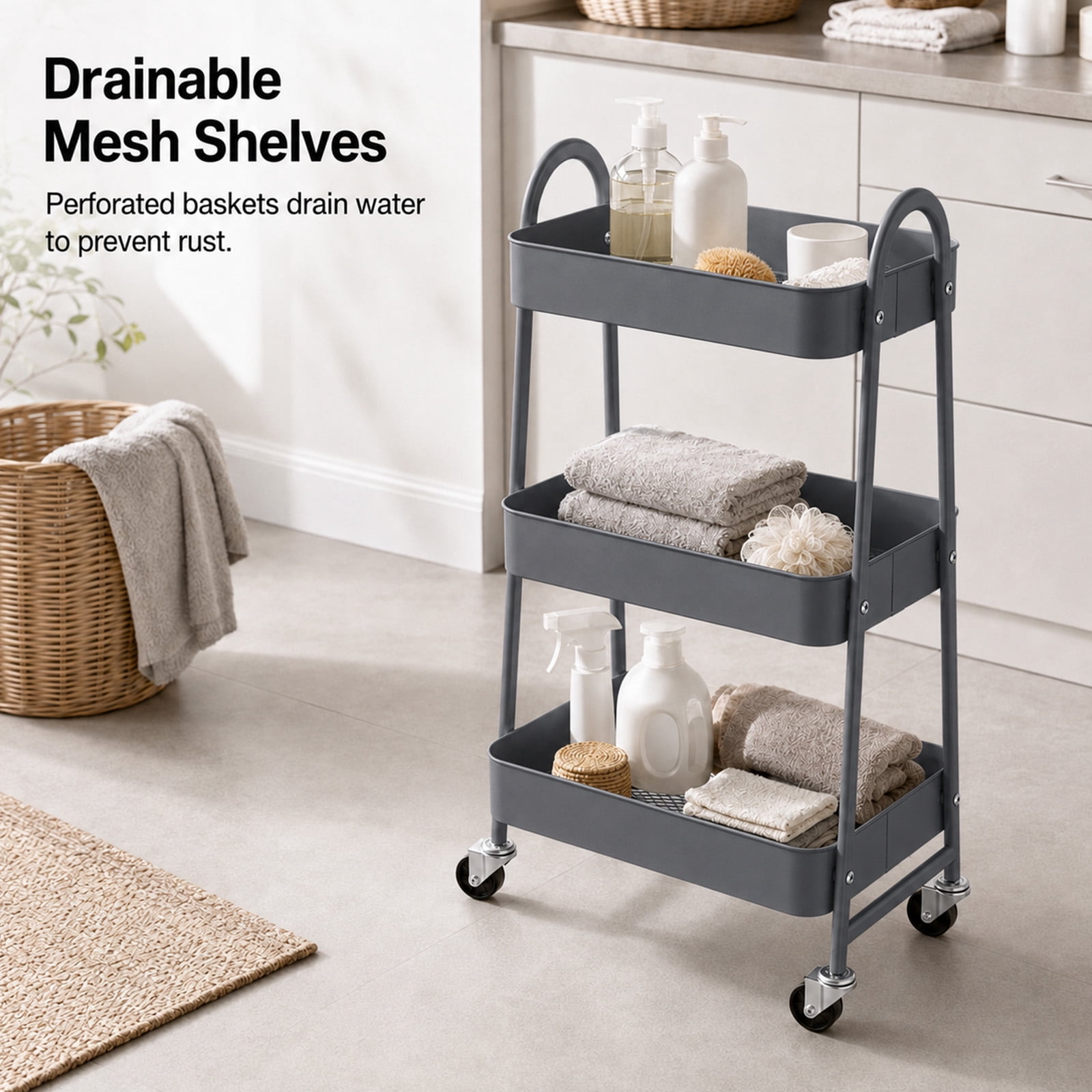 Alvantor 3-Tier Rolling Cart, Metal Rolling Utility Cart with Lockable Wheels, Multi-Functional Heavy Duty Storage Cart Organizer for Bathroom, Kitchen, Living Room, Office