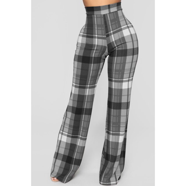 Women's Fashion Checkered Straight Long Pants Leisure Elastic High