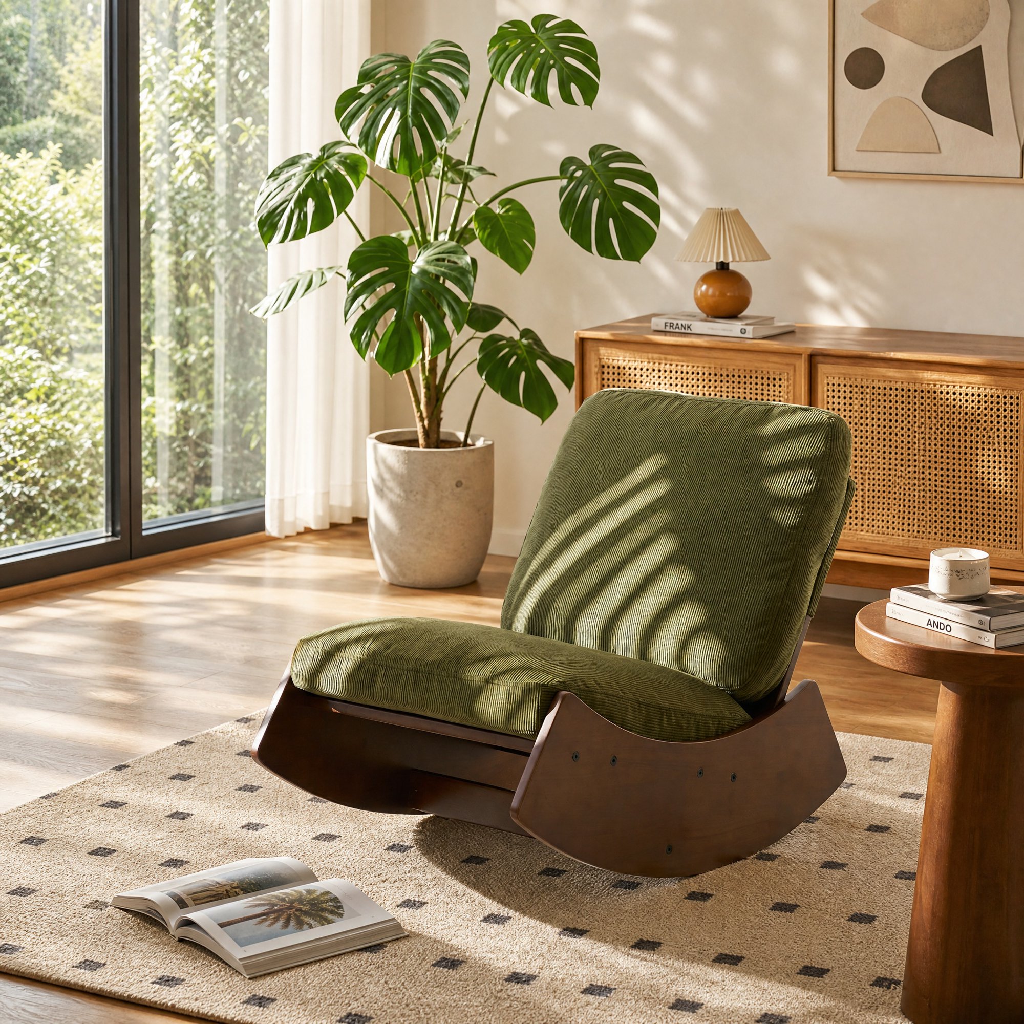 Retro Striped Corduroy Upholstered Glider Rocking Chair Solid Wood Frame Ergonomic Glider Chair Comfort Accent Reading Chair for Bedroom Living Room Nursery Relaxation Furniture 35.4 x 24.2 x 28.3 i