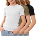 thumbnail image 3 of KyCheLot 3 Pack Ribbed Knit Tops for Girls Crew Neck Solid Color Short Sleeve T-Shirts Trendy Ruffle Trim T-Shirts, 3 of 5