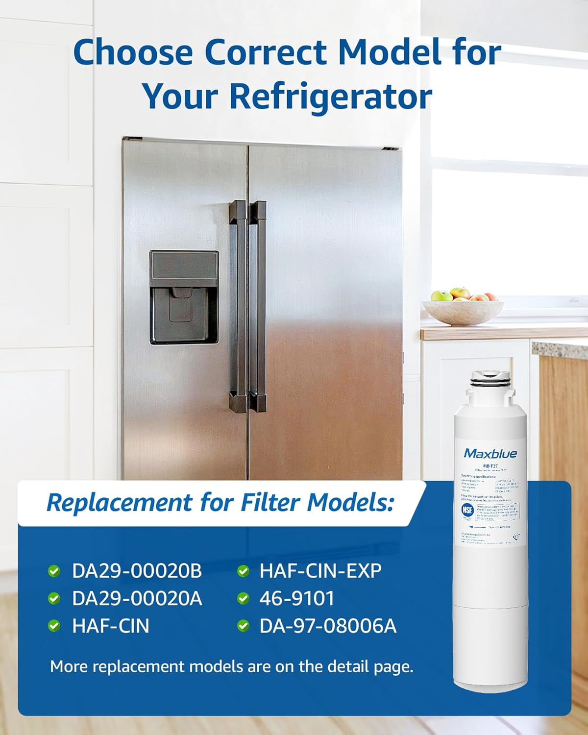 Maxblue F27 Refrigerator Water Filter Replacement for Samsung® DA29-00020B,HAF-CIN/EXP, HAF-CIN, RF28HMEDBSR/AA, RF28K9380SR, RF263BEAESR/AA, RF28JBEDBSG, RF4287HARS, DA97-08006A, 3 PACK