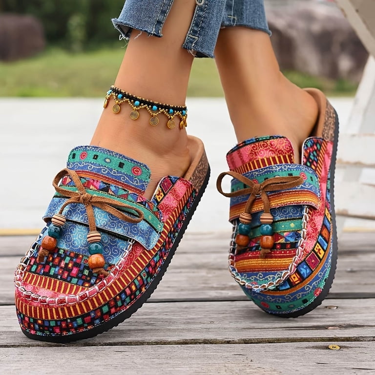 fall dress sandals Rokment Women's Ethnic Cork Footbed Platform Mules Closed Toe Backless Sandals Boho Beach Comfortable Chunky Heels Walking Clogs Casual Dress Slip on