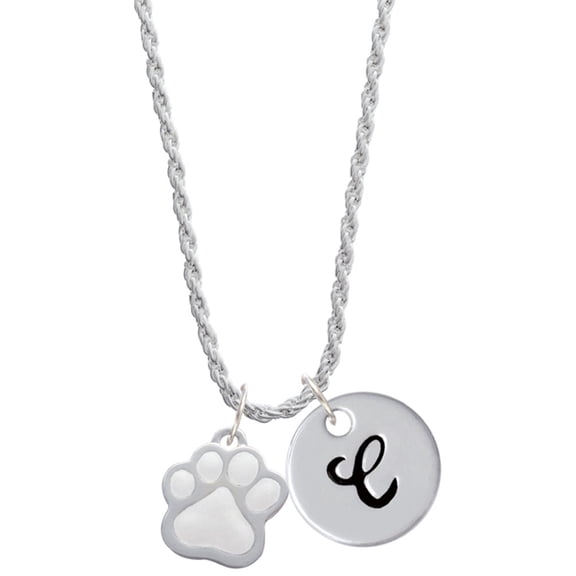 Delight Jewelry Silvertone Large White Paw Silvertone Script Initial Disc - C - Charm Necklace, 20"+3"