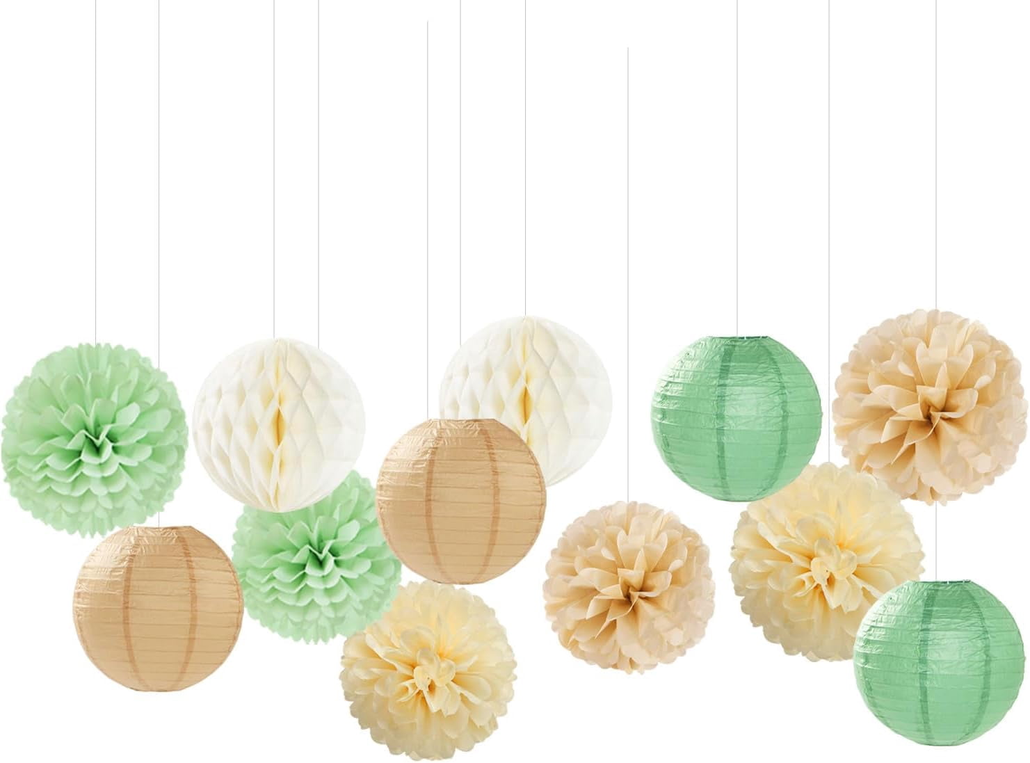 Sage Green Boho Party Decorations Paper Flowers Lanterns 15PCS Safari Rustic Neutral Baby Shower Tissue Pom Poms Streamers Champagne Gold Birthday Wedding Graduation Hanging Decor Supplies