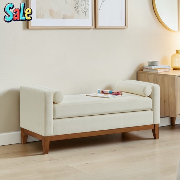 GZXS 51 Inch Upholstered End of Bed Bench with 2 Pillows, Modern Entryway Ottoman Seat with Solid Wood Frame, Boucle Fabric, Beige