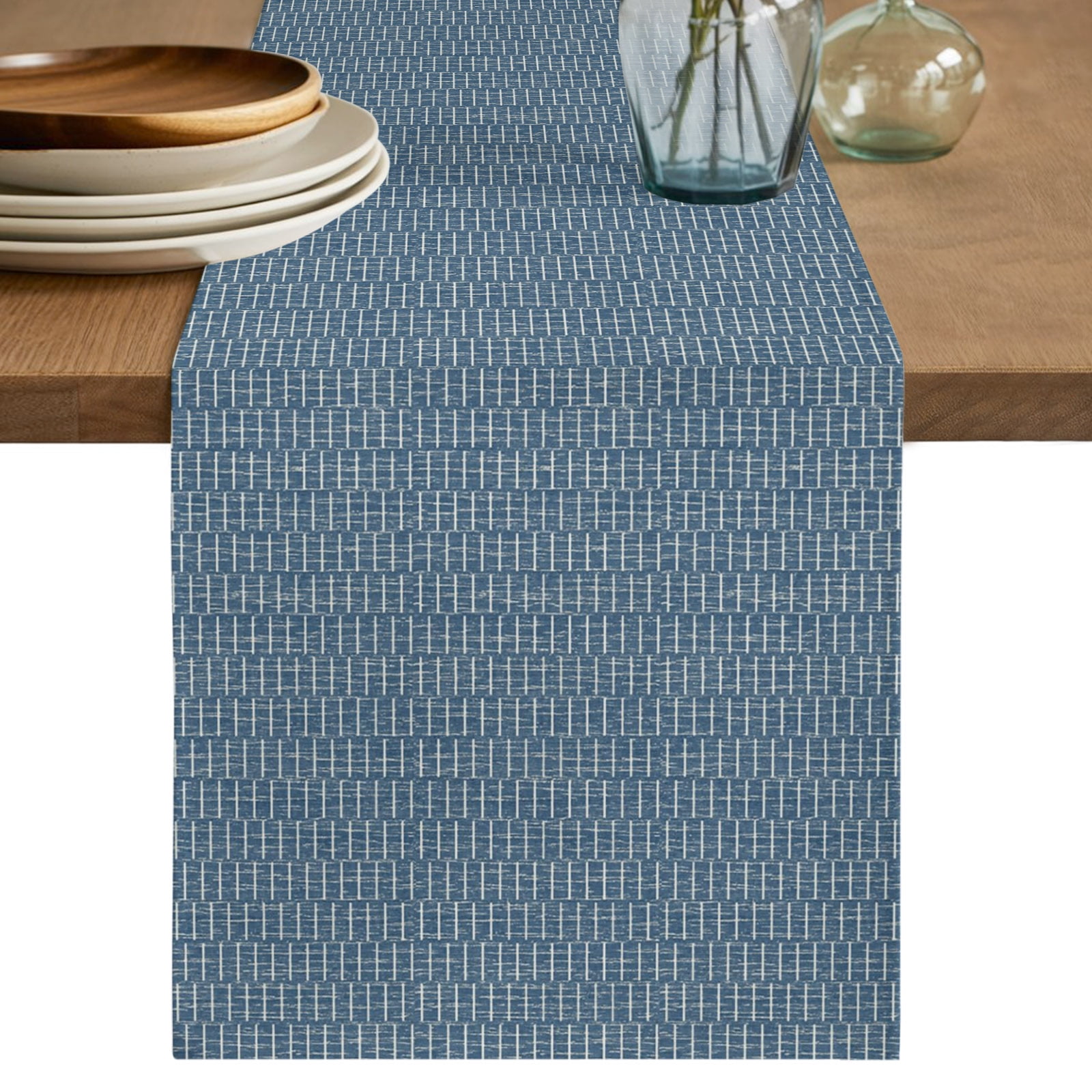 Basketweave Table Runner Rustic Minimalist Denim Blue Woven Dashes Textured Cotton Linen Table Cloth Tablerunner for Kitchen Dining Party Wedding Home Decor 13x36 Inch