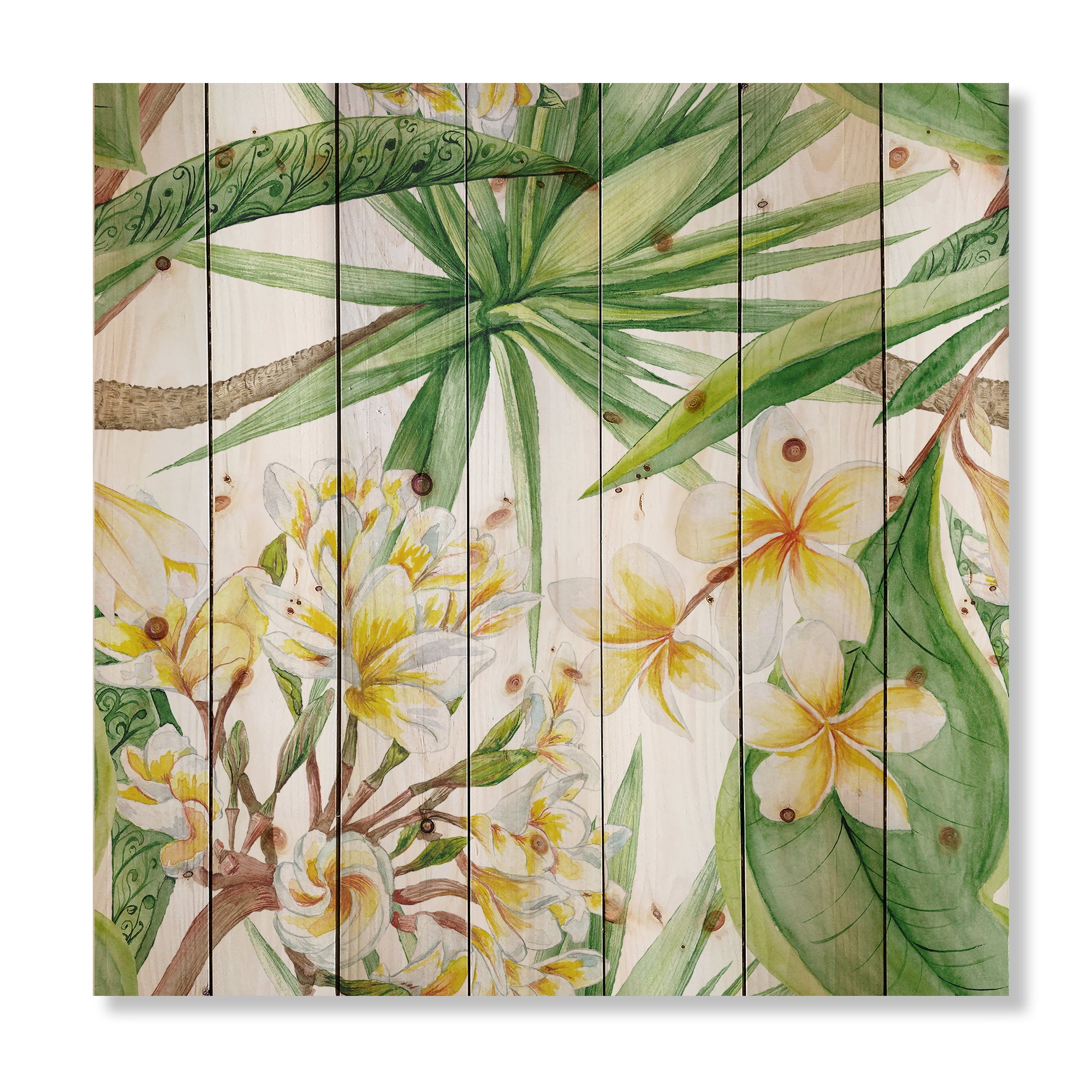 Designart 'Yellow Flowers and Tropical Foliage I' Modern Print on Natural Pine Wood