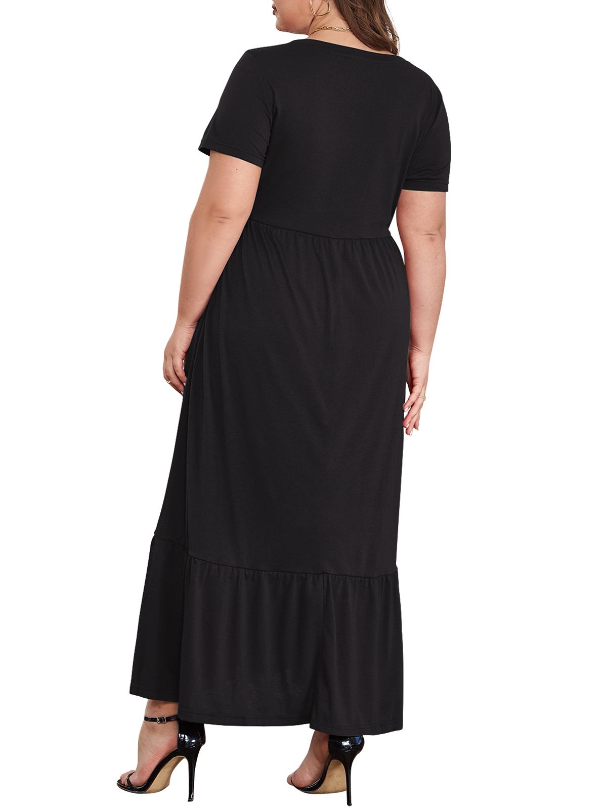 Mengpipi Women's Plus Size Casual Short Sleeve Crewneck Dress Flowy Tiered Loose Maxi Dress with Pockets Black 1X-5X - image 3 of 4