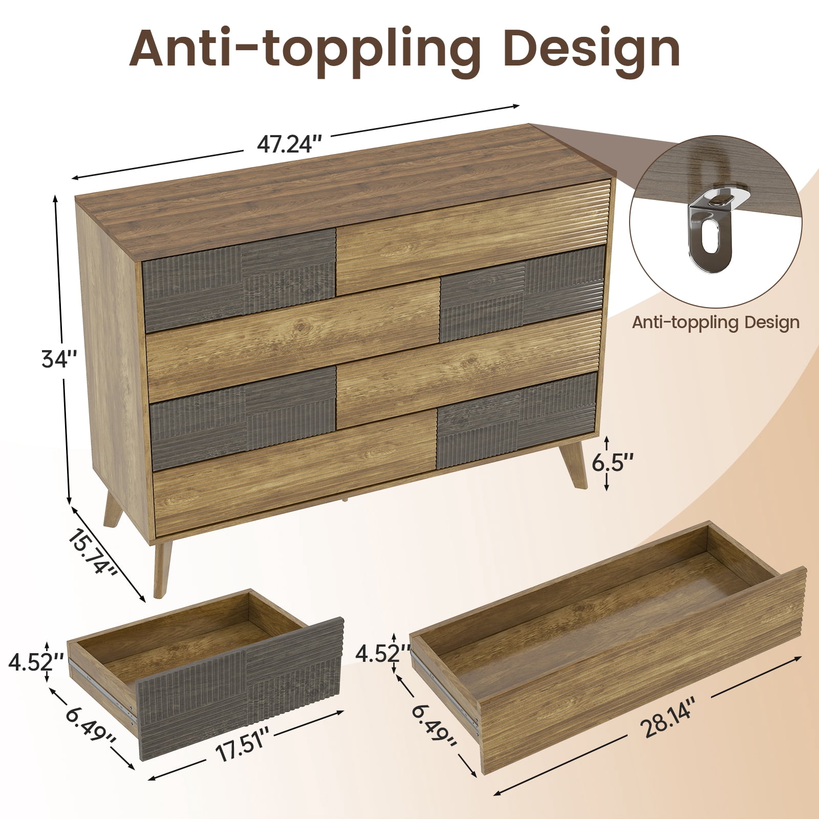 Danpinera Home 8 Drawer Dresser for Bedroom, 34" Tall Large Wood Chest of Drawers & TV Stand, Modern Fluted Panel Storage Organizer, Dark Wood
