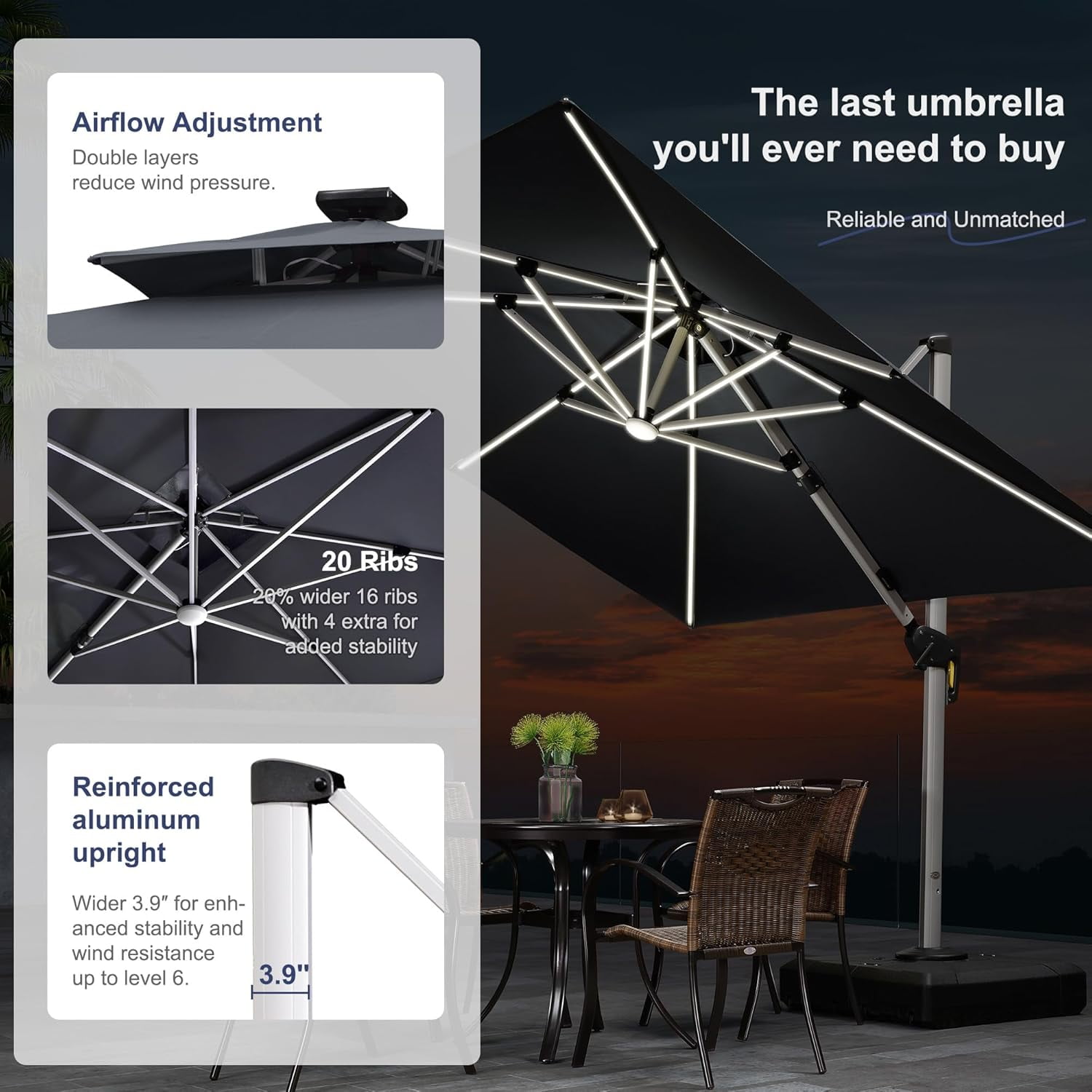 PURPLE LEAF 9 Feet Square Double Top Deluxe Solar Powered LED Patio Umbrella Outdoor Cantilever Umbrella, Gray