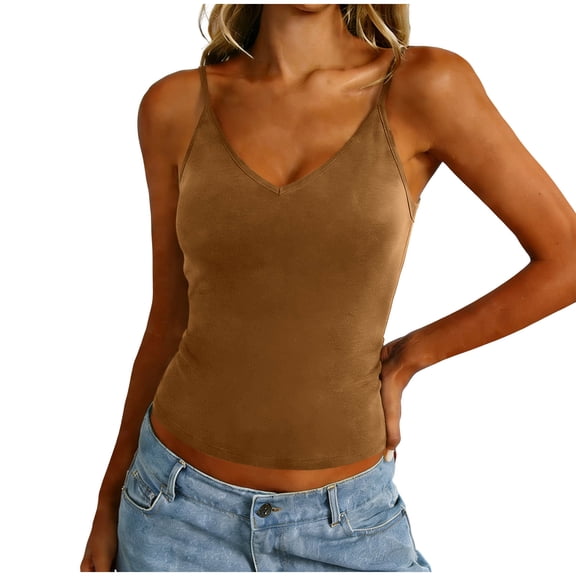 Tank Tops for Women Spaghetti Strap V-Neck Camisole with Built in Bras Summer Sleeveless Comfy Tops,Gold,L