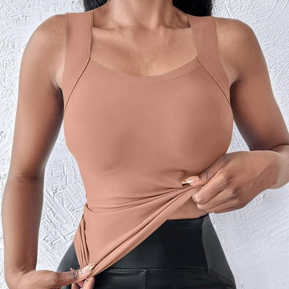 qolati Womens Padded Tank Tops Double Lined Built in Bra Sleeveless T-Shirts Square Neck Longline Sports Bra Slim Fitted Basic Camisole Vest Tees Pink XL