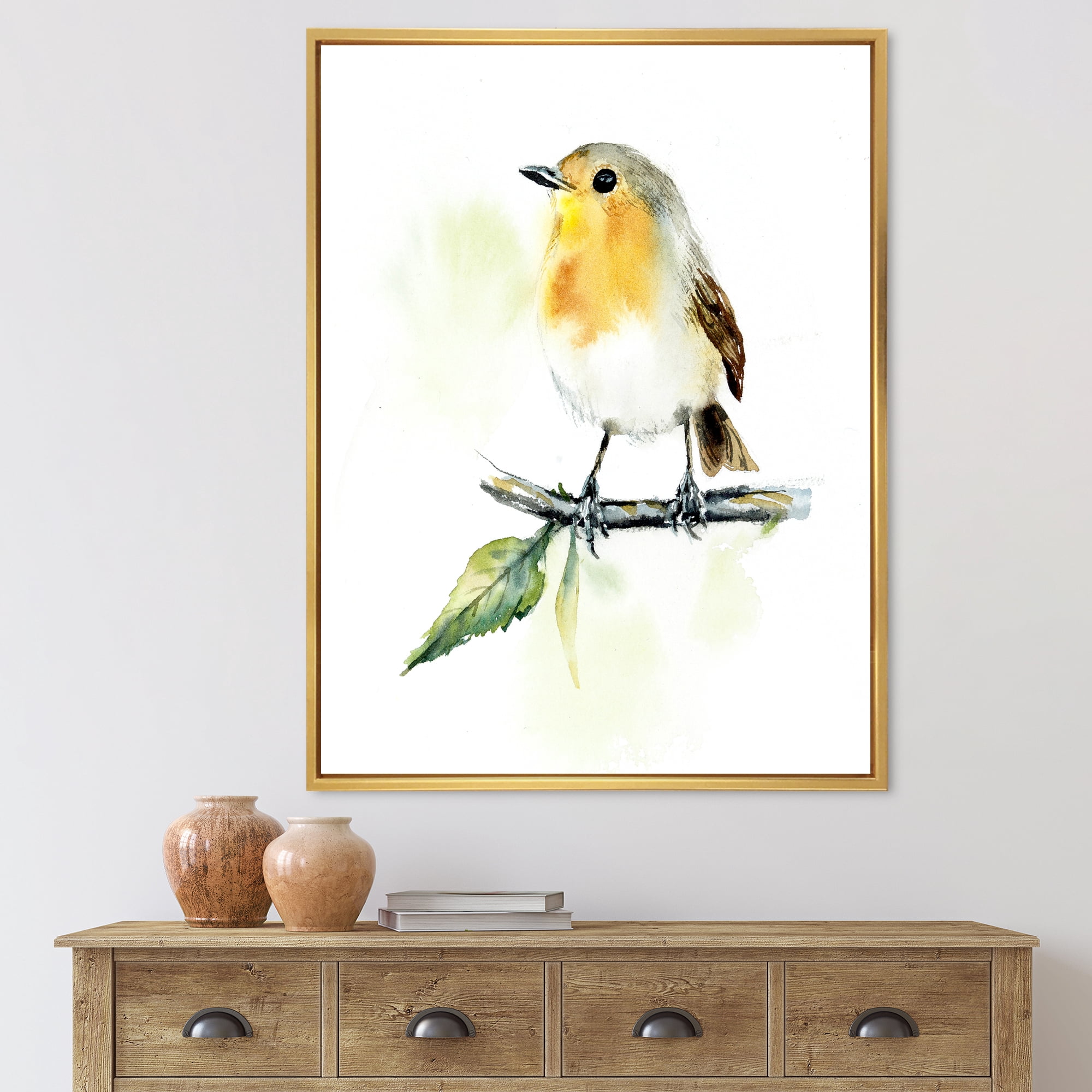 Designart 'Little Robin Bird Sitting On A Branch' Traditional Framed Canvas Wall Art Print
