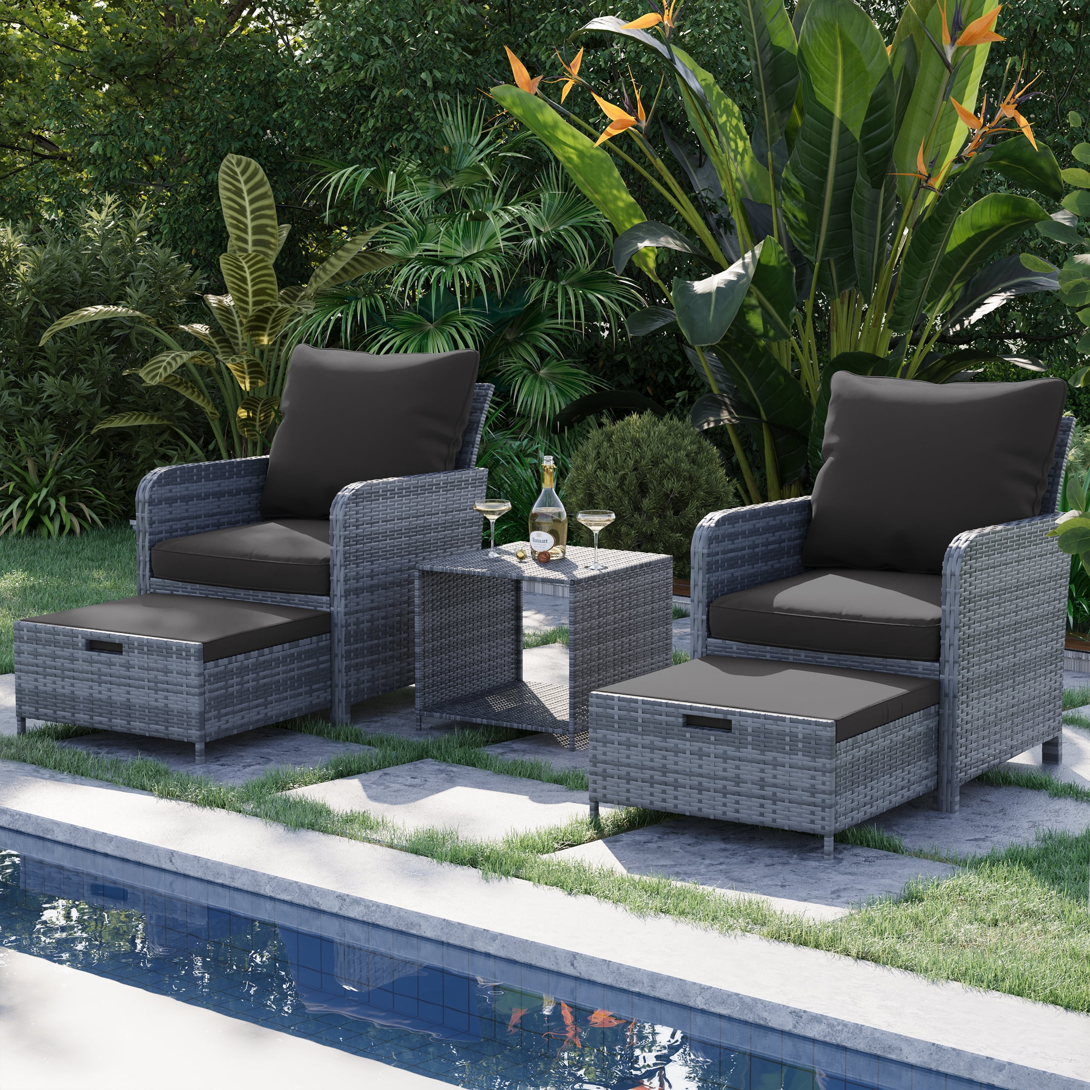 Poteban Gray Rattan Outdoor Seating 5-Piece Set,Outdoor Patio Chair with Ottoman for Front Porch Deck,Wicker Lounge Chair with Side Table, Black