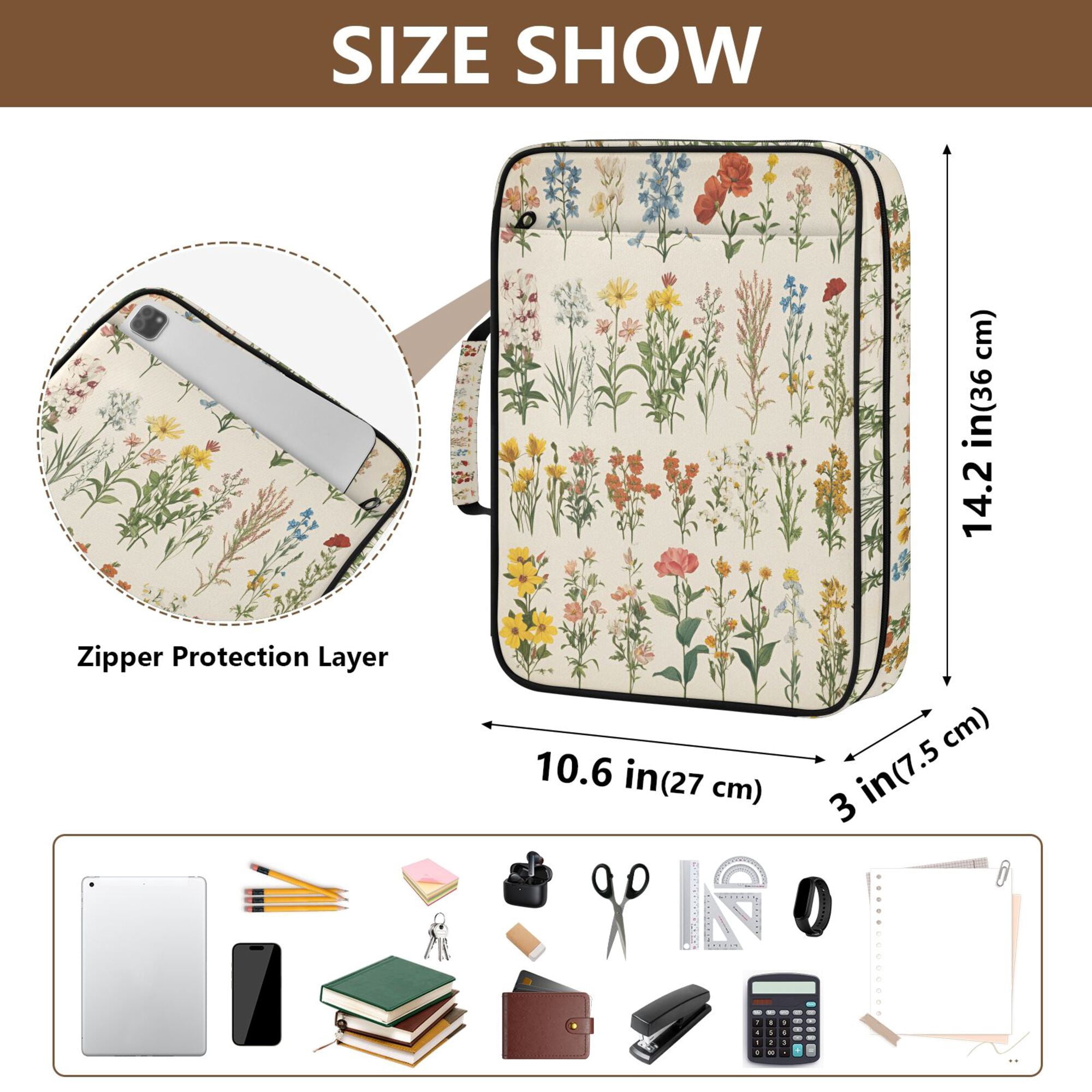 FORMRS Accordion File Folder A4 Size 7-Pocket Expanding Document Organizer Bag with 3 Ring Binder, Beige Wildflowers
