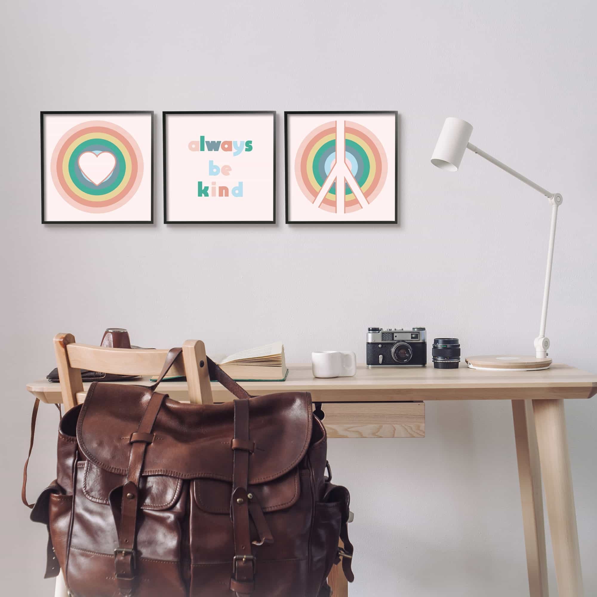 Stupell Industries Cute Always Be Kind Quote Rainbow Peace Sign Graphic Art Gray Framed Art Print Wall Art Set of 3, 17x17, by Daphne Polselli