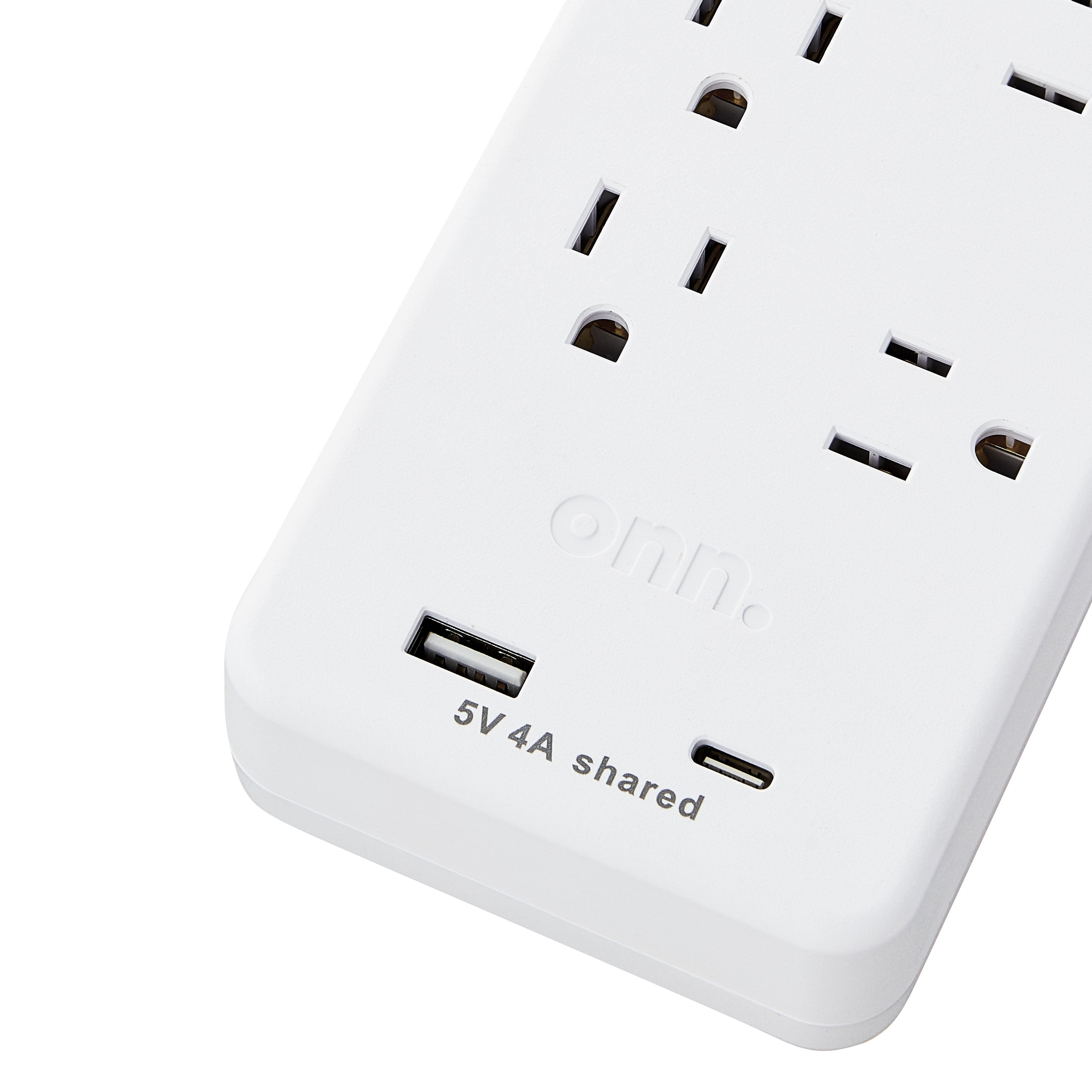 onn 7-Outlet Surge Protector with 1 USB Port, and 1 USB-C Port, and 2.5' Power Cord, White