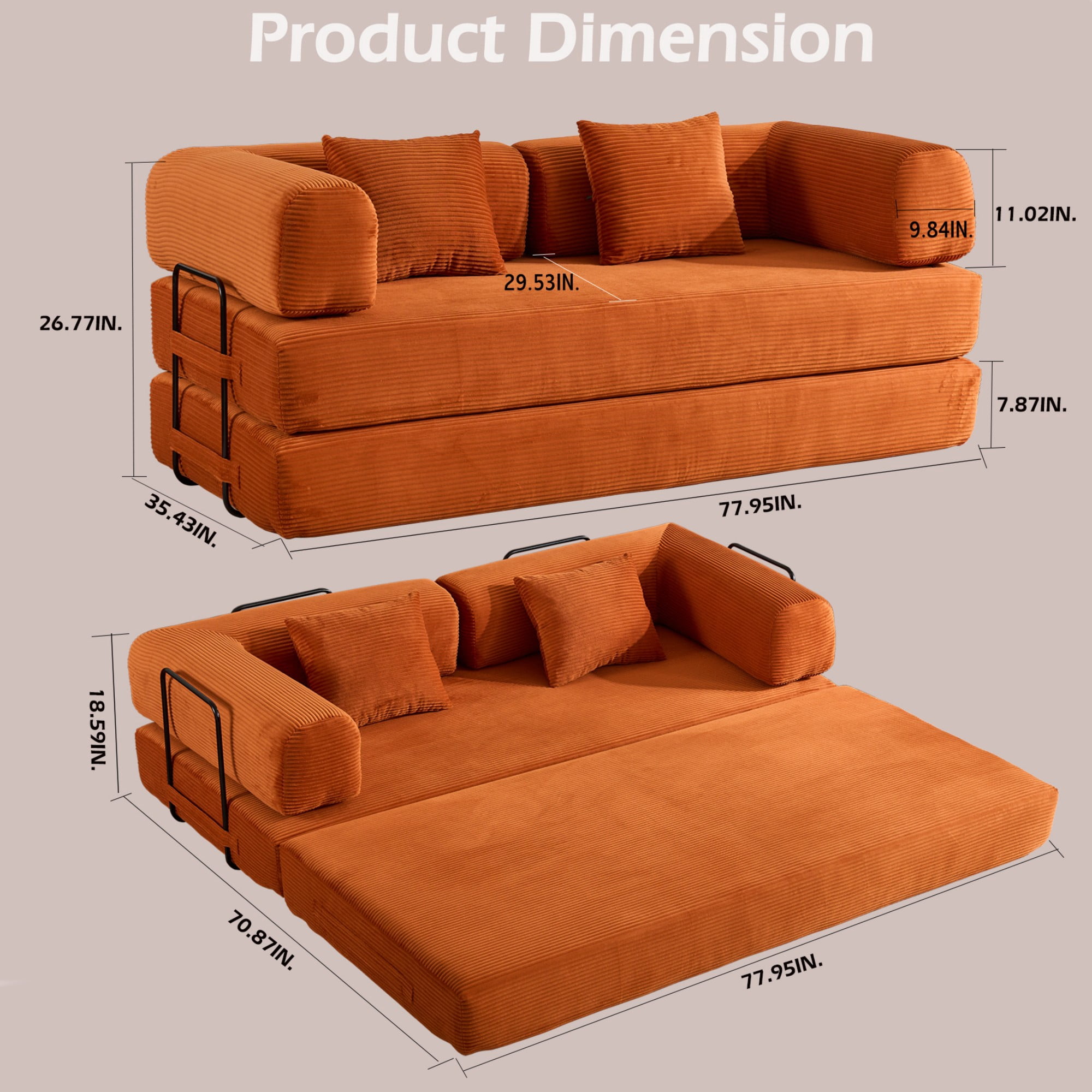 BSHTI 77" Corduroy Convertible Sleeper Sofa Bed with Cylindrical Pillow, No Assembly, Small Space for Living Room（Orange）