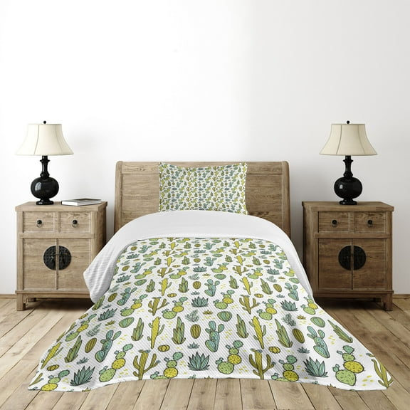 Ambesonne Cactus Quilted Bedspread Set 2 Pcs, Tropical Foliage Motif, Twin Size, Green Reseda Green