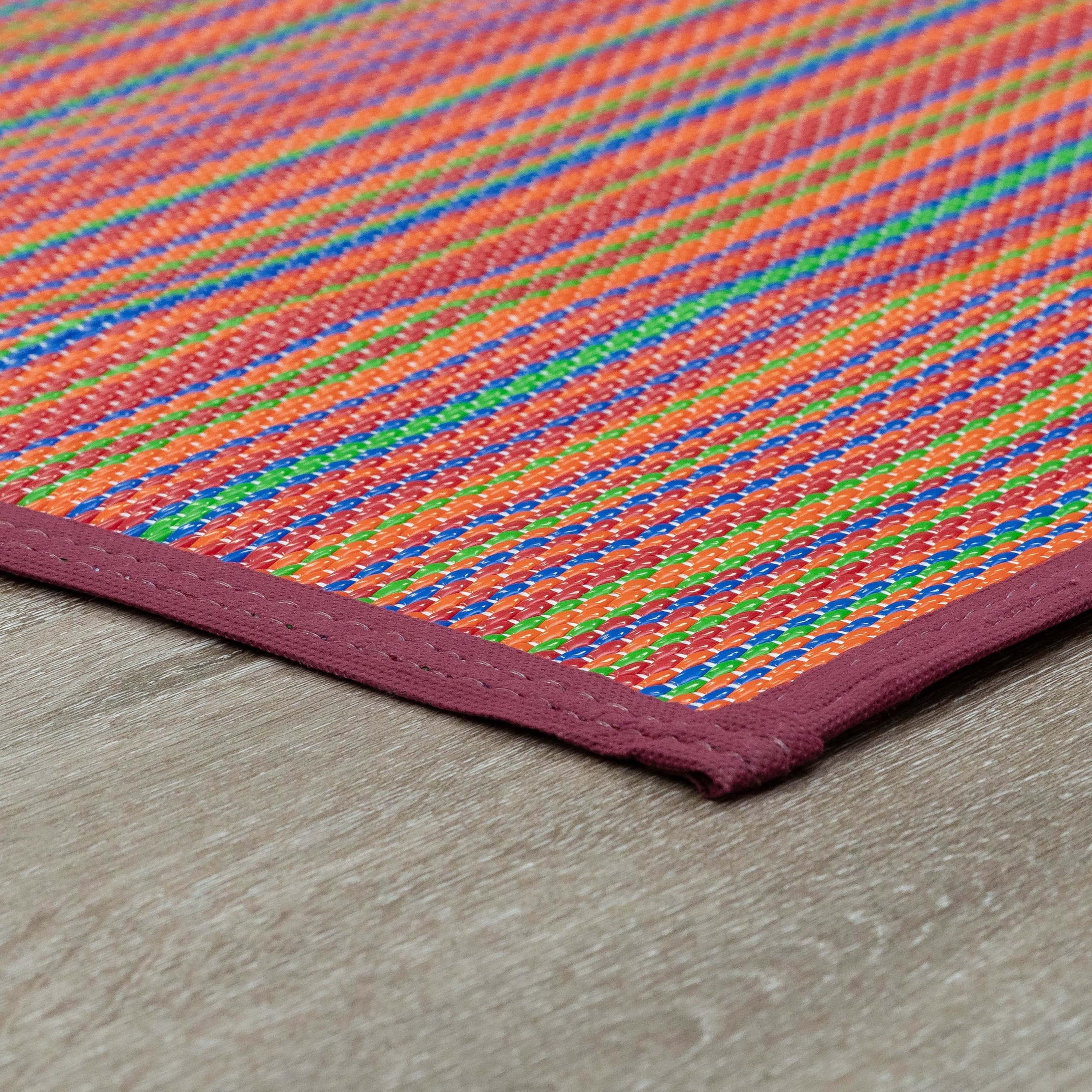 Luna Contemporary Stripe Red and Blue Polypropylene Reversible Plastic Straw Outdoor Area Rug, 5' x 6'11'' Rectangle