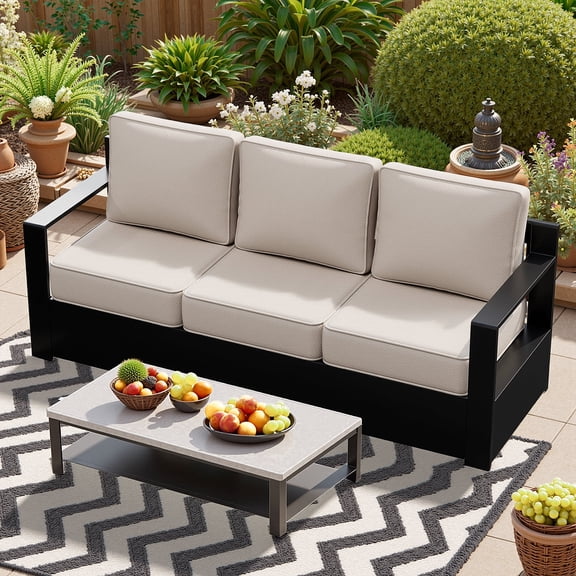 6‑Inch Cushions Patio Furniture, Aluminum Frame 3‑Seater Sofa, Water‑Resistant & Removable Cushion Covers, All‑Weather Outdoor Sectional for Deck,Patio, Garden, Balcony