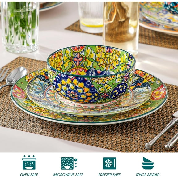 Set of 6 Colorful Bohemian Ceramic Cereal Bowls, 28oz Soup Bowls for Kitchen, Dishwasher & Microwave Safe, Great for Salad, Pasta, Rice, Oatmeal & Fruit