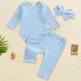 thumbnail image 2 of YDFCWXW Baby Girl Clothes Spring Solid Color Long Sleeve Ribbed Bodysuit Romper Pants Set (Blue, 0-3 Months), 2 of 6