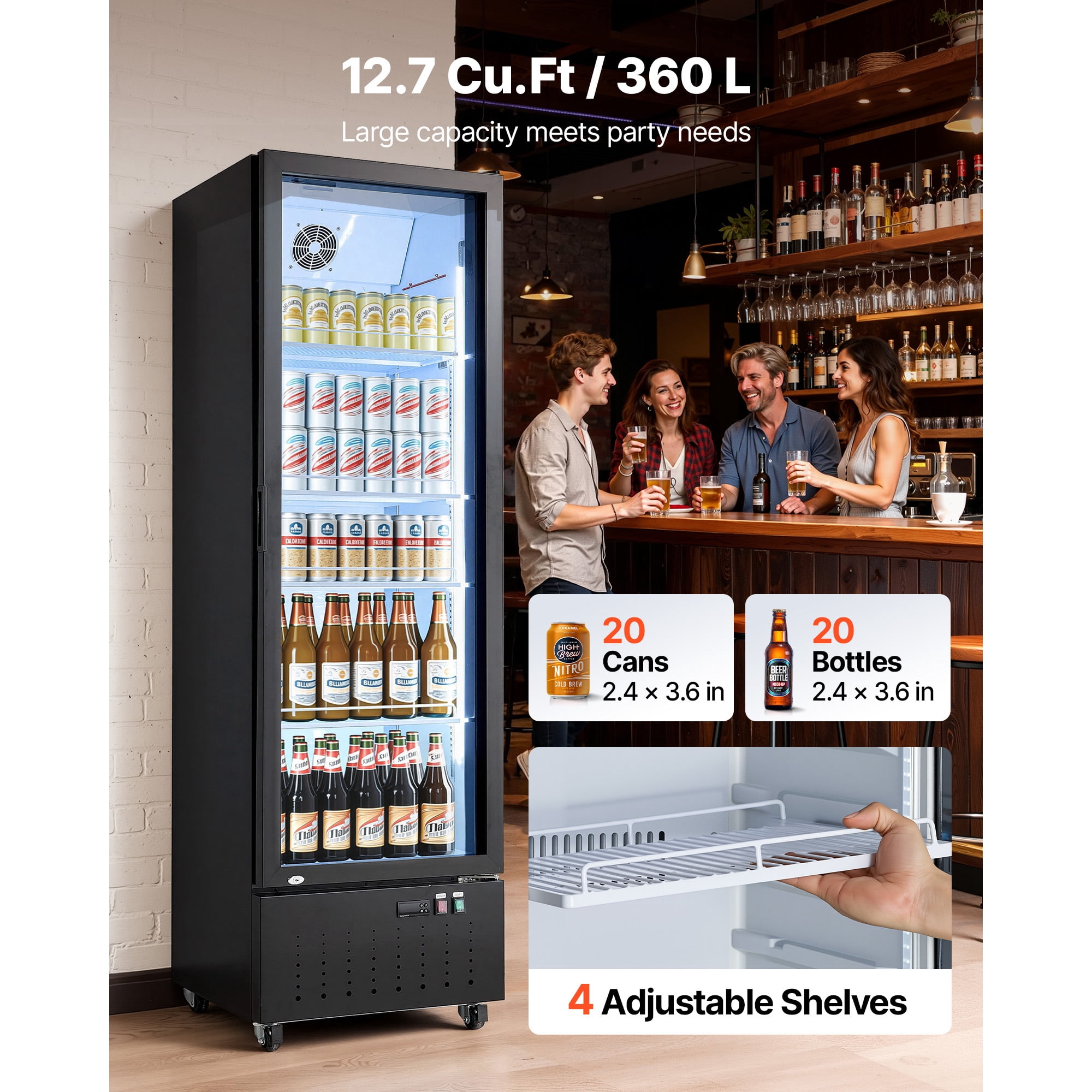KFFKFF Commercial Glass Door Refrigerator, 12.7 Cu.Ft / 360 L Upright Beverage Cooler with Adjustable Shelves, LED Lighting, and Casters for Home, Shop, or Bar Use