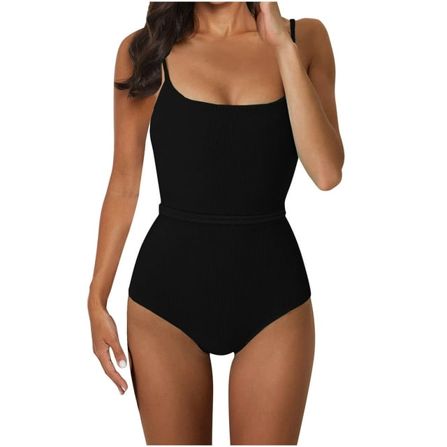 Women Strappy Back Solid Color Belted Conjoined Swimsuits Bikini Swimdress