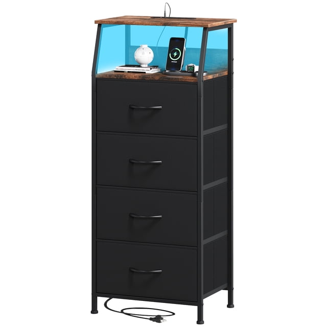 Eunos Table de Chevet Haute Noire avec Poste de Recharge et DEL pour Chambre, 4 Tiroirs avec Étagères de Rangement