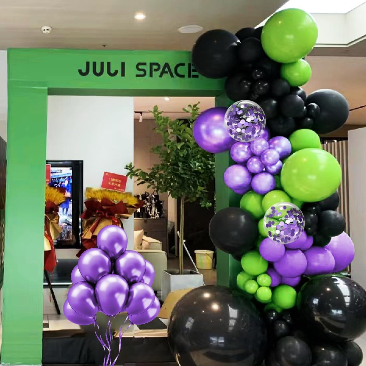 Purple Green Black Balloon Garland Arch Kit, 156 Matte Black Metallic Purple Lime Green Balloons for Wedding Anniversary Hero Birthday Video Game Graduation Racing Car Party Decoration